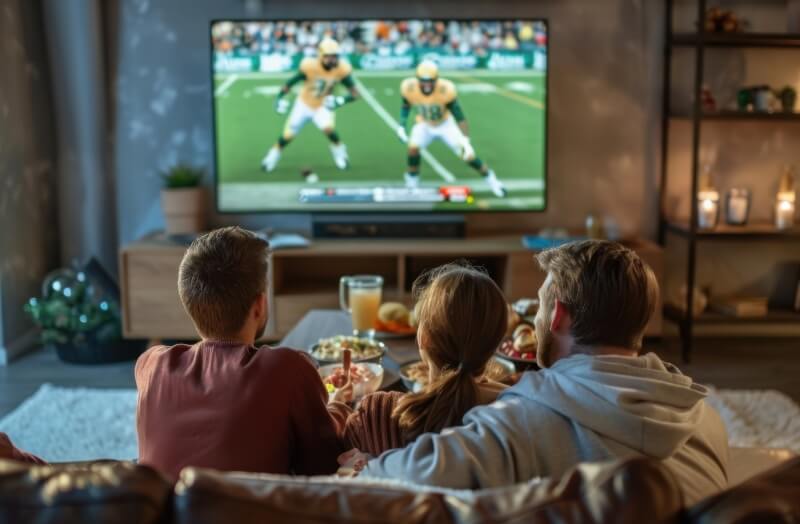 Sports fans watching the game on tv in the living room